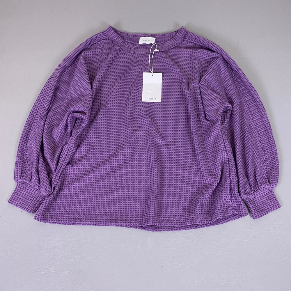 Andree by Unit Waffle Knit Top Women's Small Purple Oversized Thermal Blouse New